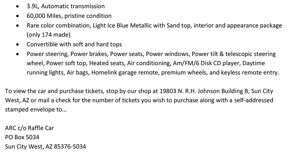 Text description of raffle car details and contact info.