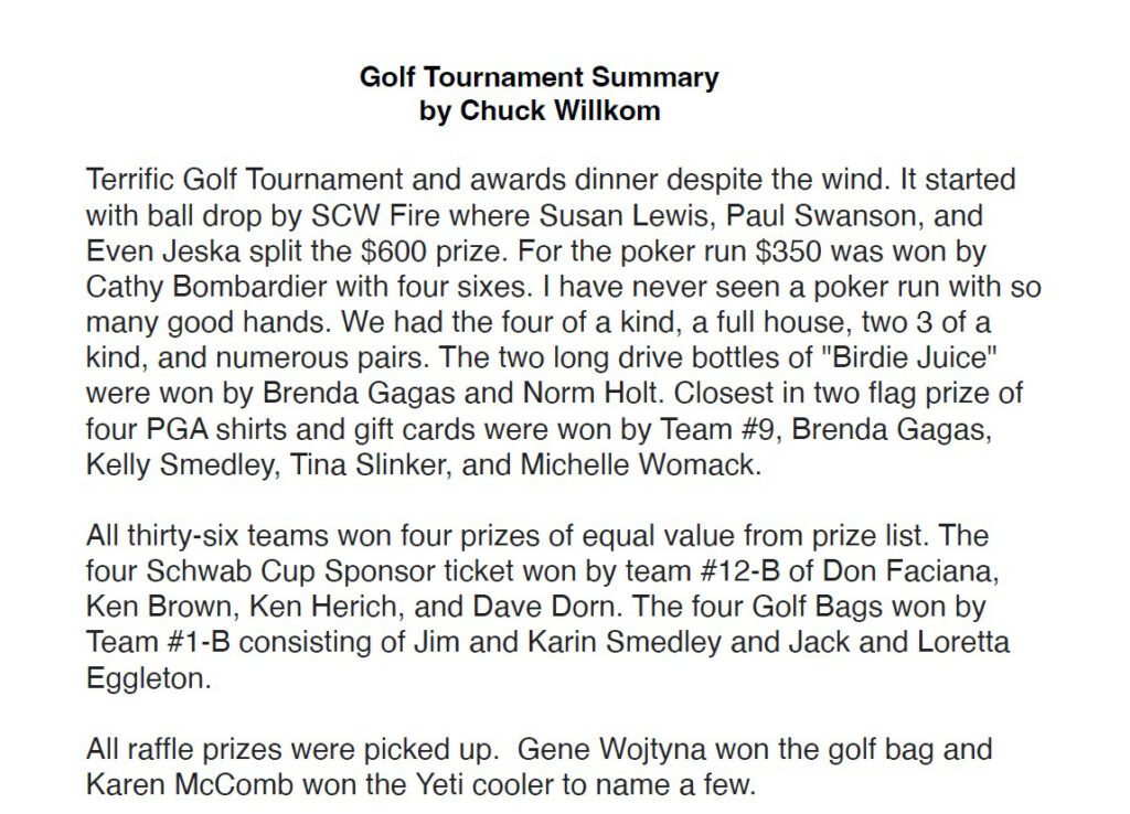 Golf tournament summary with winners and prizes.
